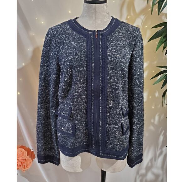 Talbots Jackets & Blazers - Talbots NWOT Tweed Knit Full Zip Blazer Jacket Sz 14 Navy Blue Career Old Money